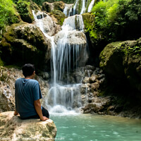 Buy canvas prints of Young man enjoys the waterfall Mudal 3 by Hanif Setiawan