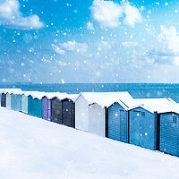 Buy canvas prints of Beach huts in the snow at Frinton on Sea by Paula Tracy