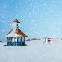 Buy canvas prints of Snowy day at Frinton with cute snowmen by Paula Tracy