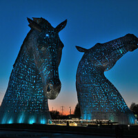 Buy canvas prints of The Kelpies at Night in Blue by claire chown