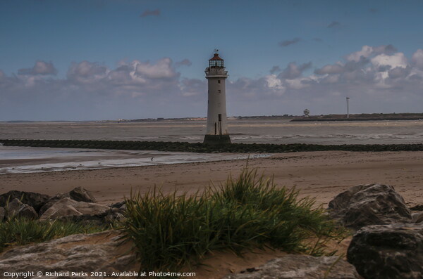 Low tides at New Brighton Lighthouse Picture Board by Richard Perks