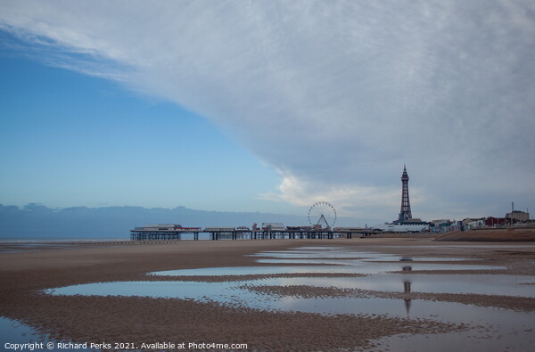 Towering Reflections on Blackpool Beach Picture Board by Richard Perks