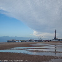 Buy canvas prints of Towering Reflections on Blackpool Beach by Richard Perks
