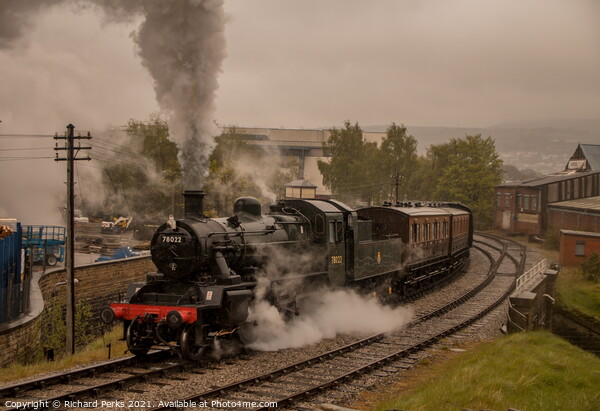 Steaming through the rain out of Keighley Picture Board by Richard Perks