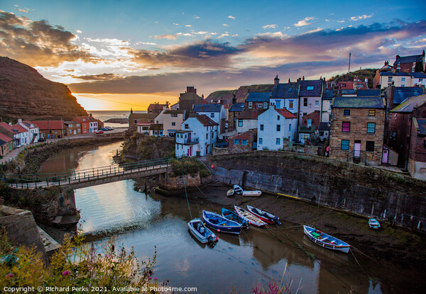 Staithes Harbour at Sunrise Picture Board by Richard Perks
