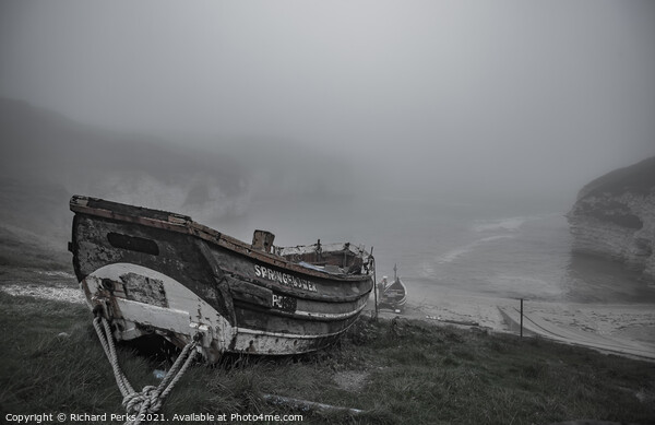 A foggy Flamborough North Landing Picture Board by Richard Perks