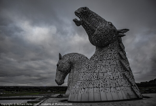 Storm clouds over the Kelpies Picture Board by Richard Perks