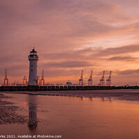 Buy canvas prints of New Brighton Lighthouse and Seaforth Docks at Sunr by Richard Perks