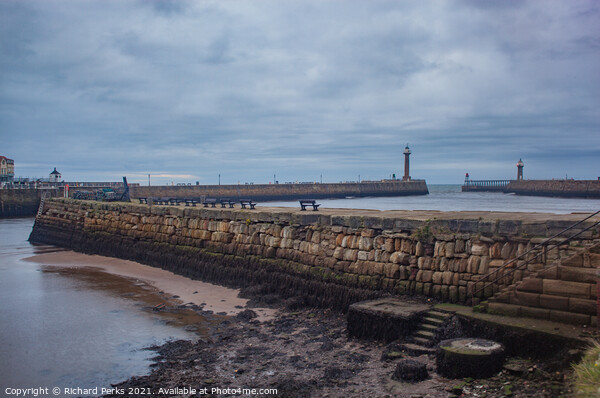 Whitby Harbour Tide out Picture Board by Richard Perks