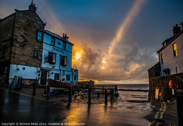 Rain Shower at Robin Hoods Bay Hotel Picture Board by Richard Perks