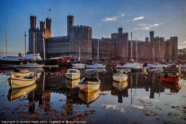 Caernarfon Harbour Reflections Picture Board by Richard Perks