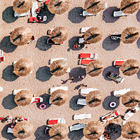 Buy canvas prints of Beach Umbrellas Print, Beach People Print by Radu Bercan