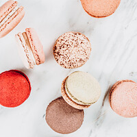 Buy canvas prints of Colorful Macarons Print, Macaron Flat Lay Food Art by Radu Bercan