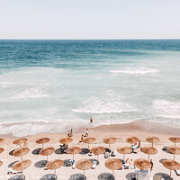 Buy canvas prints of Summer Ocean View, Beach Umbrellas Seaside Art Print, Teal Sea Horizon by Radu Bercan