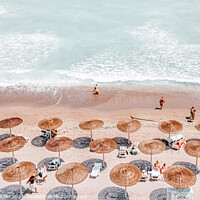 Buy canvas prints of Aerial Beach Umbrellas Art Print, Sea Summer Vibes Print by Radu Bercan