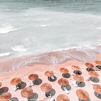 Buy canvas prints of Aerial Coastal Beach Print, Ocean Beach Art Print, Summer Umbrellas by Radu Bercan