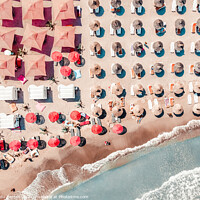 Buy canvas prints of People Red Umbrellas On Beach, Aerial Sea Beach Print by Radu Bercan