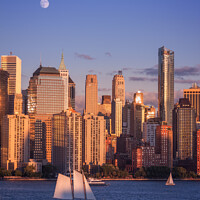 Buy canvas prints of Full Moon Rising Over Lower Manhattan at Golde Hour by Pere Sanz