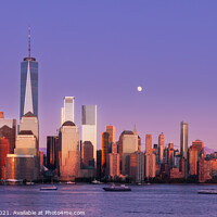 Buy canvas prints of Full Moon Rising Over Lower Manhattan at Sunset by Pere Sanz