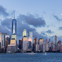 Buy canvas prints of Lower Manhattan Skyline and moon rising at blue ho by Pere Sanz