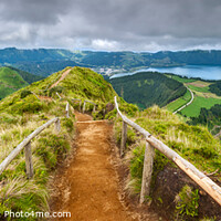 Buy canvas prints of Walking path leading to a view on the lakes of Sete Cidades and Santiago in Sao Miguel, Azores by Pere Sanz