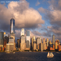 Buy canvas prints of Lower Manhattan Skyline and moon rising at Golden Hour, NYC, USA by Pere Sanz