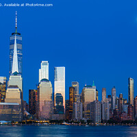 Buy canvas prints of Lower Manhattan Skyline and moon rising at blue hour, NYC, USA by Pere Sanz