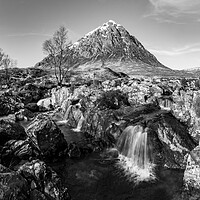 Buy canvas prints of Buachaille Etive Mòr Waterfall Black and White by Kevin Winter