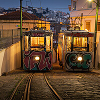 Buy canvas prints of The Funicular Lavra in the narrow streets of Lisbon by Kevin Winter
