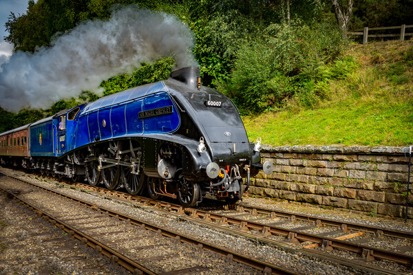 Sir Nigel Gresley steam train steaming in to Goath Picture Board by Kevin Winter