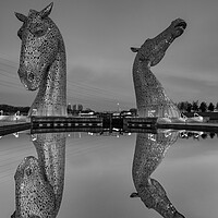 Buy canvas prints of The Kelpies in black and white by Kevin Winter