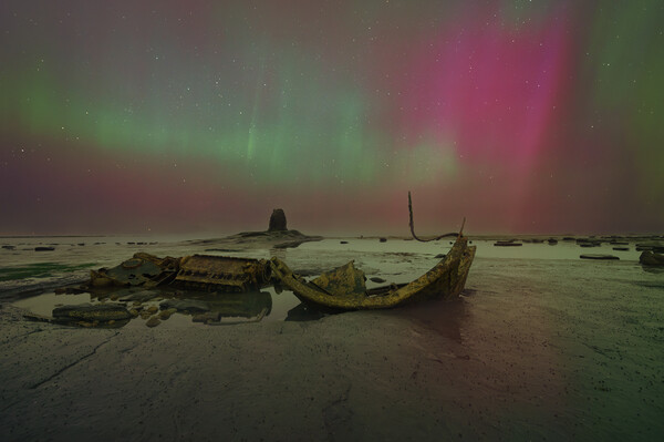 Aurora Lights Shipwreck Landscape Picture Board by Kevin Winter
