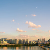 Buy canvas prints of Panoramic view of Seoul city skyline with sunset sky in Korea by Sanga Park