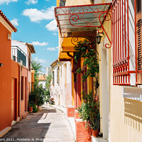 Buy canvas prints of Athens Plaka district colorful street in Greece by Sanga Park