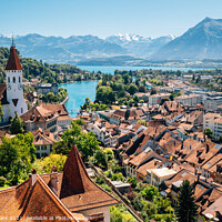 Buy canvas prints of Swiss Thun old town with Alps mountain by Sanga Park