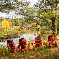 Buy canvas prints of Adirondack Chairs - Autumn Kayak by Blok Photo 