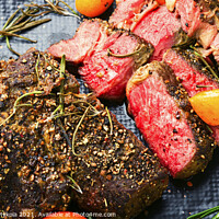 Buy canvas prints of Freshly veal steak with kumquat,close up by Mykola Lunov Mykola