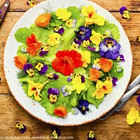 Buy canvas prints of Spring salad with greens and edible flowers by Mykola Lunov Mykola