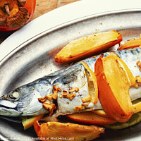 Buy canvas prints of Baked scomber fish with persimmon. by Mykola Lunov Mykola