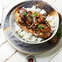 Buy canvas prints of Chicken breast with marsala sauce and rice by Mykola Lunov Mykola