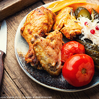 Buy canvas prints of Tasty grilled chicken and pickles. by Mykola Lunov Mykola