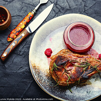 Buy canvas prints of Fried steak with raspberry sauce by Mykola Lunov Mykola