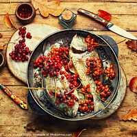 Buy canvas prints of Baked fish in viburnum syrup by Mykola Lunov Mykola