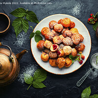 Buy canvas prints of Curd donuts with raspberries for tea by Mykola Lunov Mykola