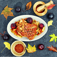 Buy canvas prints of Pork shoulder roasted with vegetables and plums. by Mykola Lunov Mykola