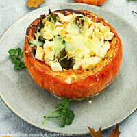 Buy canvas prints of Half pumpkin stuffed with cheese and vegetables. by Mykola Lunov Mykola
