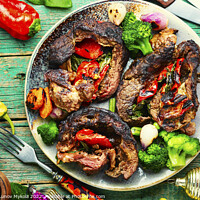 Buy canvas prints of Grilled meat with vegetables. by Mykola Lunov Mykola
