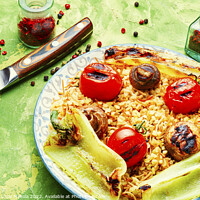 Buy canvas prints of Tasty grilled vegetables with rice garnish by Mykola Lunov Mykola