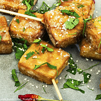 Buy canvas prints of Delicious fried tofu cheese on sticks by Mykola Lunov Mykola