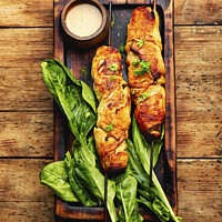 Buy canvas prints of Chicken skewers, grilled meat, on wooden background by Mykola Lunov Mykola